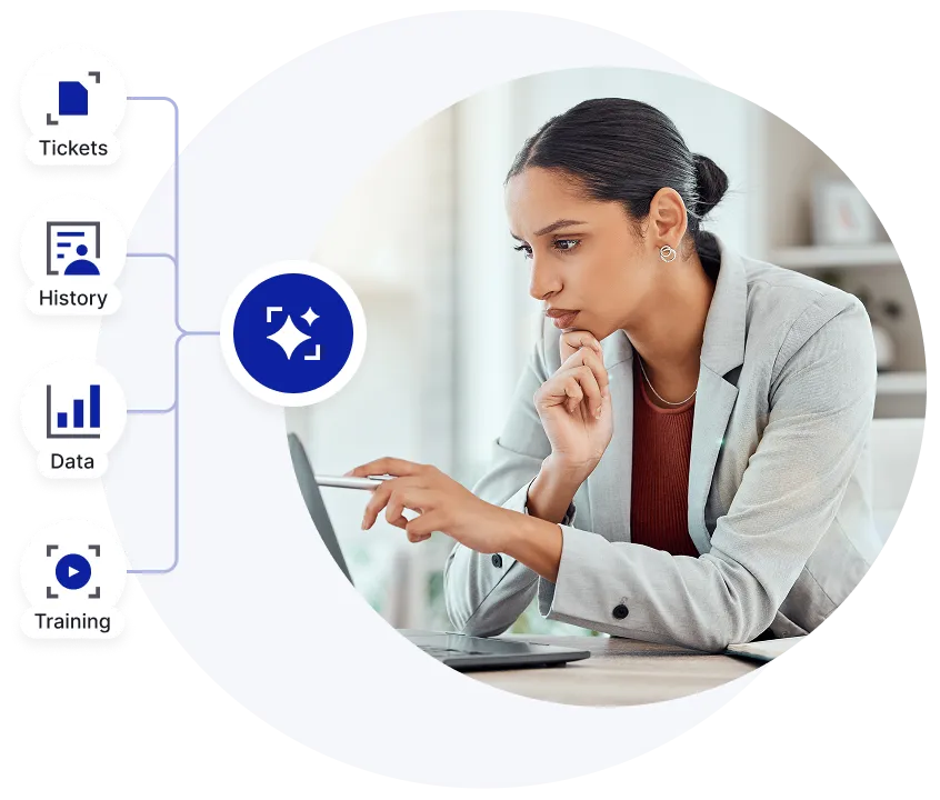 Businesswoman in a gray blazer intently working on a laptop, with graphic icons labeled Tickets, History, Data, and Training connected by lines to a central blue sparkle icon.