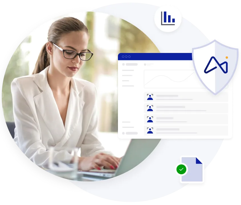 Professional woman in glasses and white blazer working on a laptop, with digital icons of data chart, shield, and approved document around her.