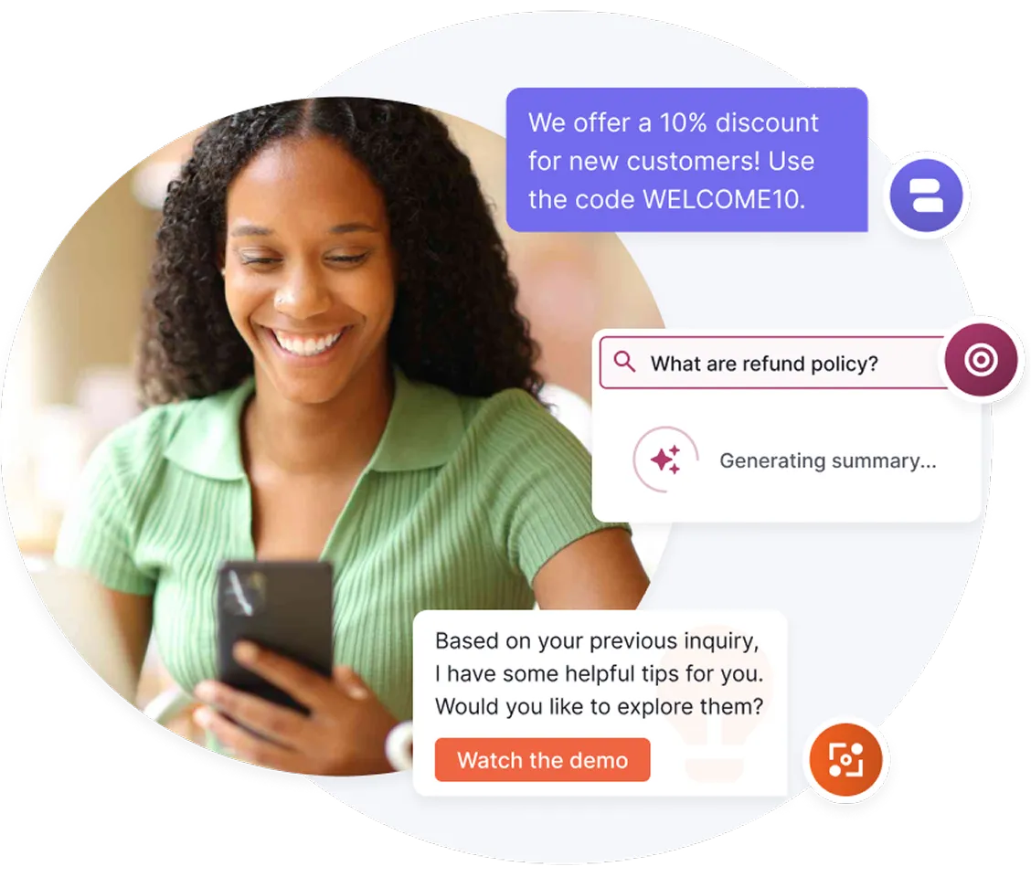 Smiling woman in a green shirt looking at her phone with chatbot messages showing a 10% discount offer, a refund policy query, and a demo invitation.