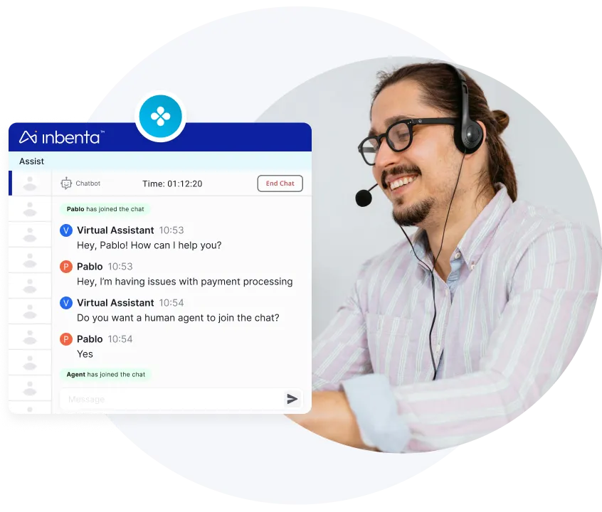 Man with glasses and a headset smiling while engaging in a live chat about payment processing support.