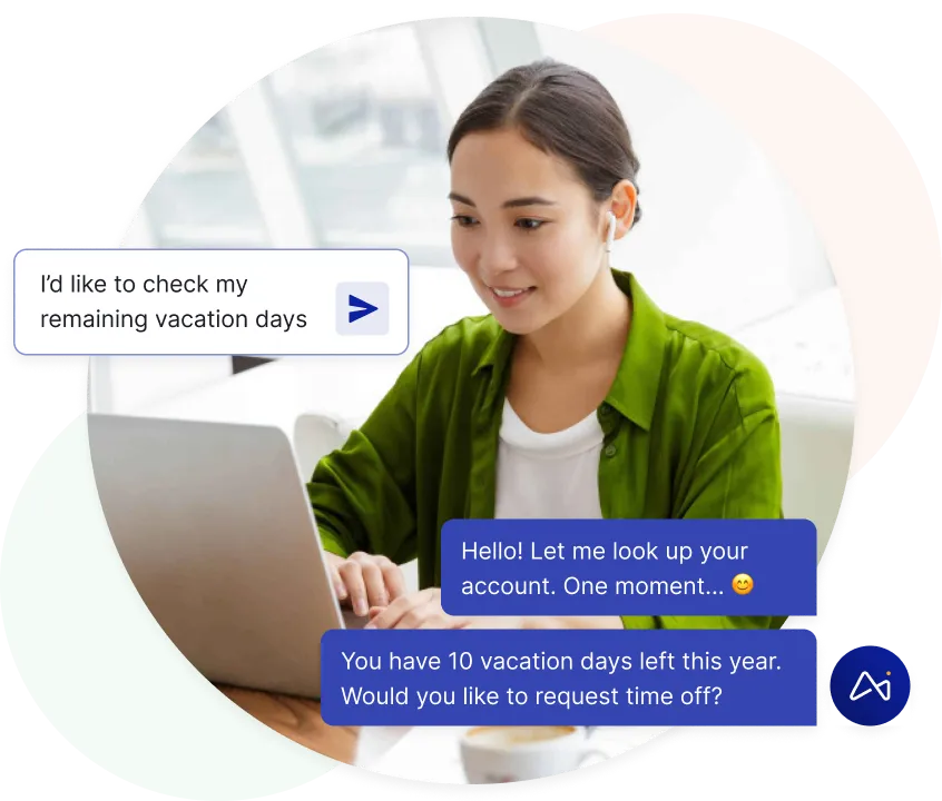 Femme aux cheveux foncés portant un t-shirt vert utilisant un ordinateur portable, avec des messages instantanés concernant la vérification et la demande de jours de congé.