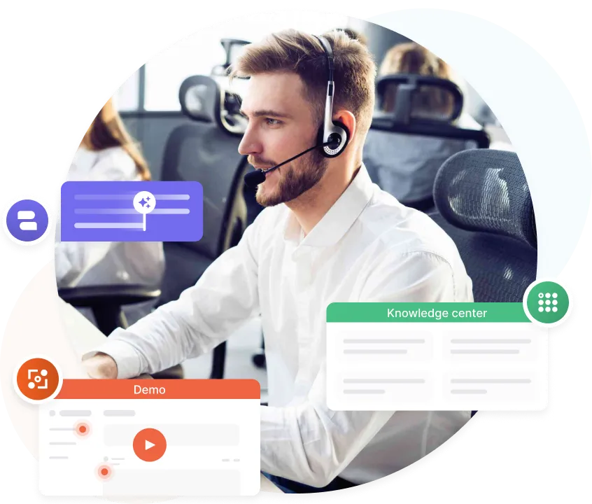 Hombre con auriculares trabajando en un ordenador en una oficina, rodeado de iconos de demostración y centro de conocimientos.