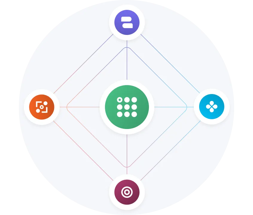 Círculo central verde con nueve puntos blancos conectados por líneas tenues a cuatro círculos circundantes con diferentes iconos en morado, azul, naranja y burdeos.