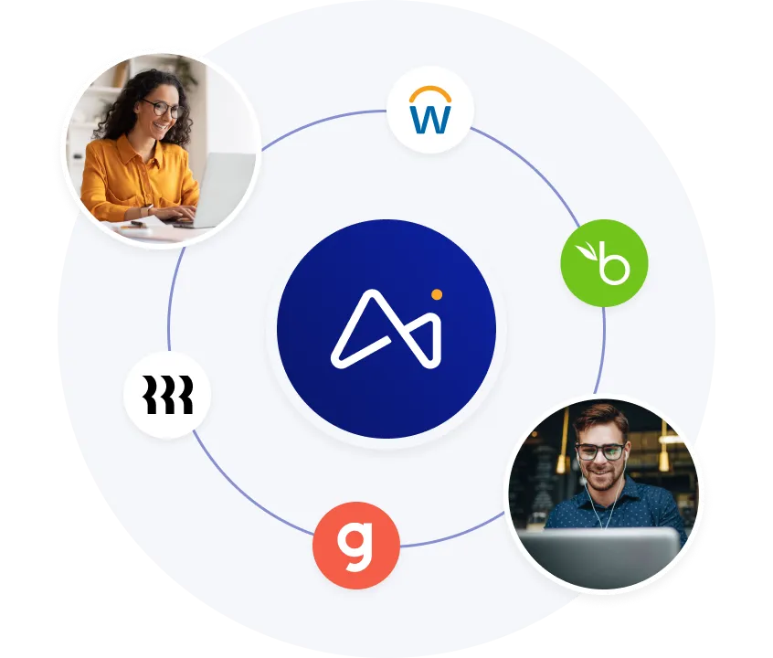 Graphique circulaire avec une icône bleue centrale reliée par des lignes à divers logos de marques et à des images d'une femme et d'un homme souriants travaillant sur des ordinateurs portables.