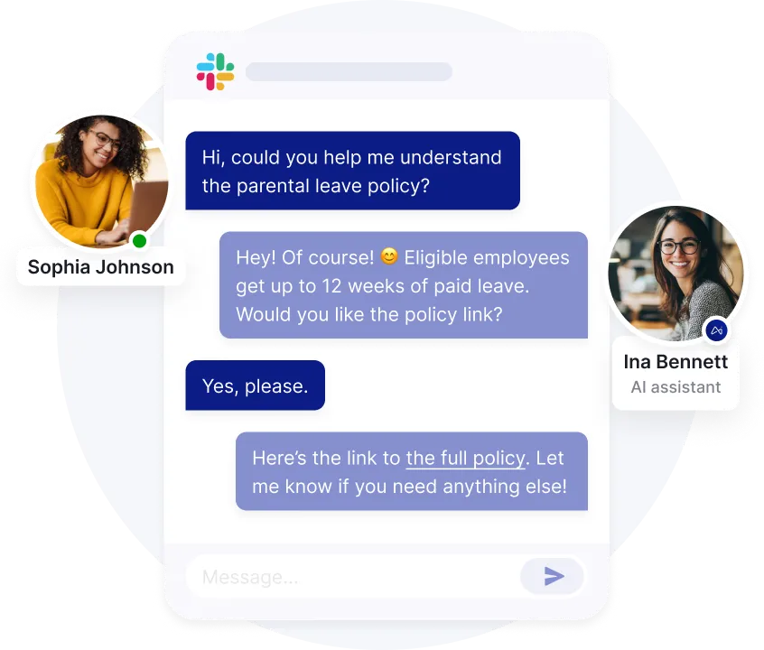 Interface de chat montrant Sophia Johnson posant une question sur la politique en matière de congé parental, et l'assistante IA Ina Bennett expliquant que les employés éligibles ont droit à un congé payé pouvant aller jusqu'à 12 semaines, avec un lien vers la politique correspondante.