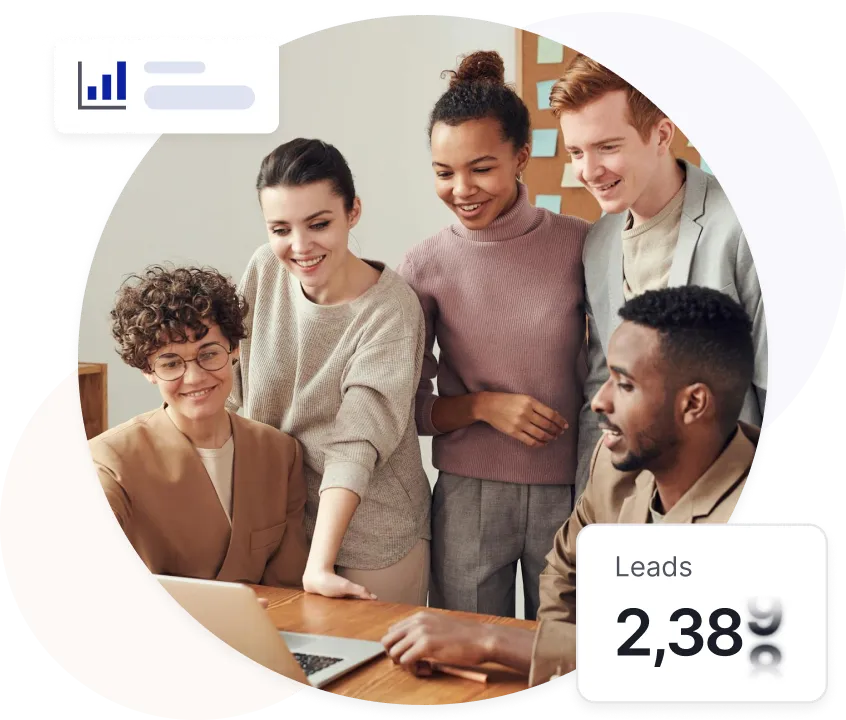 Five diverse coworkers smiling and collaborating while looking at a laptop, with an overlay showing 2,389 leads.