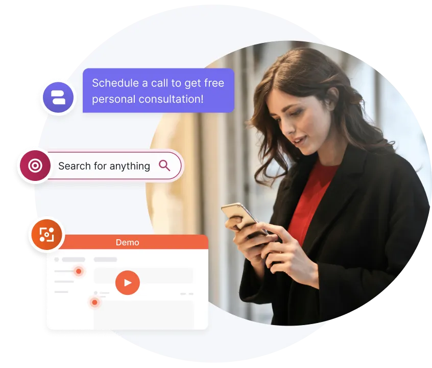 Woman in a black coat and red top looking at her smartphone with text bubbles around her offering a free personal consultation, a search prompt, and a demo button.