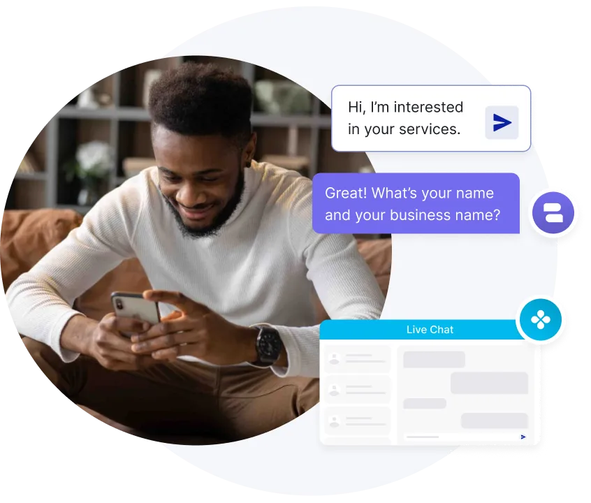 Smiling man sitting on a couch and using his smartphone, with overlaid chat bubbles showing a conversation about business services and a live chat interface.