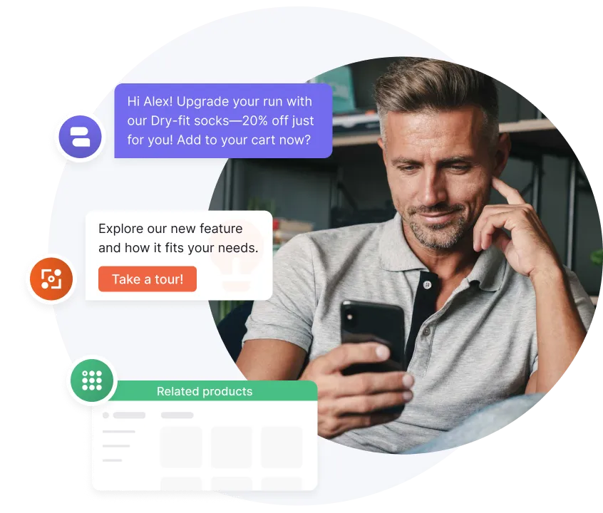 Man in gray polo shirt looking at smartphone with chat bubbles promoting dry-fit socks, feature tour, and related products.