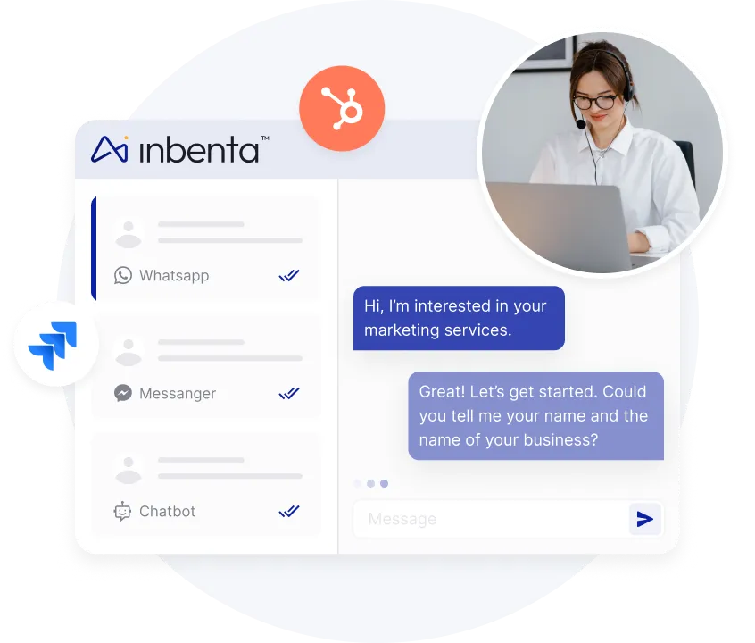 Online chat interface showing a conversation about marketing services, with options for WhatsApp, Messenger, and Chatbot, and an inset image of a woman wearing a headset working on a laptop.