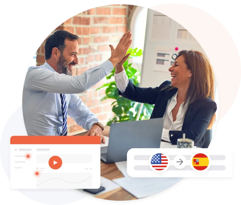 Dos profesionales sonrientes chocando las manos sobre un escritorio con un ordenador portátil, junto a iconos que indican la traducción del inglés al español.