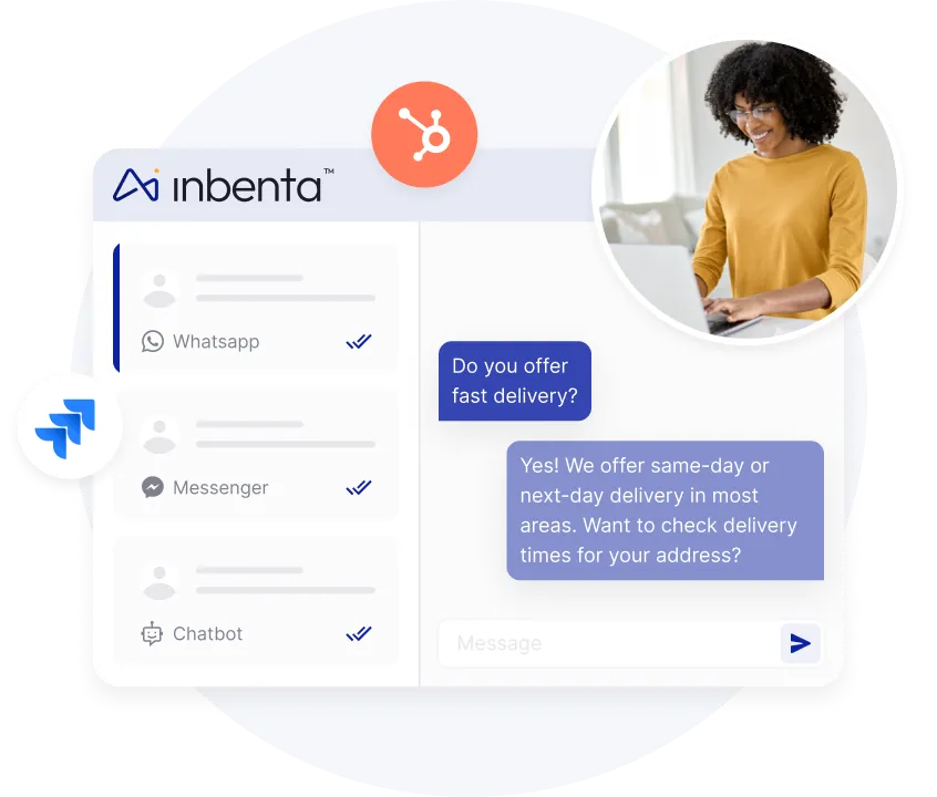 Interfaz de chat que muestra una conversación sobre entregas rápidas con opciones para Whatsapp, Messenger y Chatbot, junto a una mujer sonriente escribiendo en un ordenador portátil.