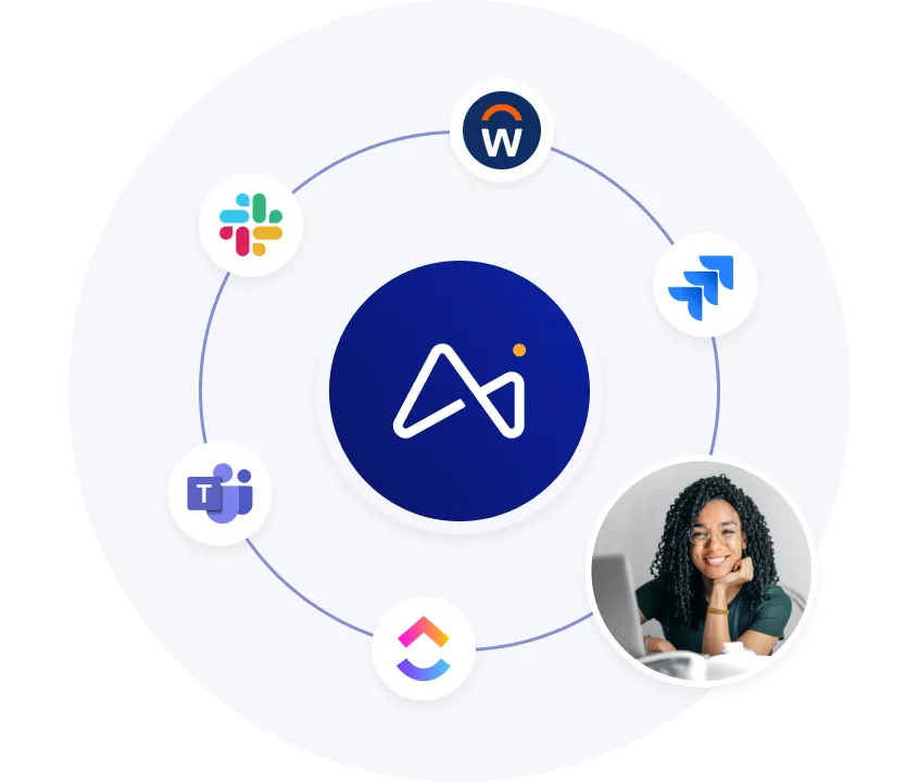 Diseño circular con un icono central rodeado por cinco logotipos de aplicaciones, entre los que se incluyen Slack, Microsoft Teams, Workday, Jira y ClickUp, y una mujer sonriente con cabello rizado en un marco circular en la parte inferior derecha.