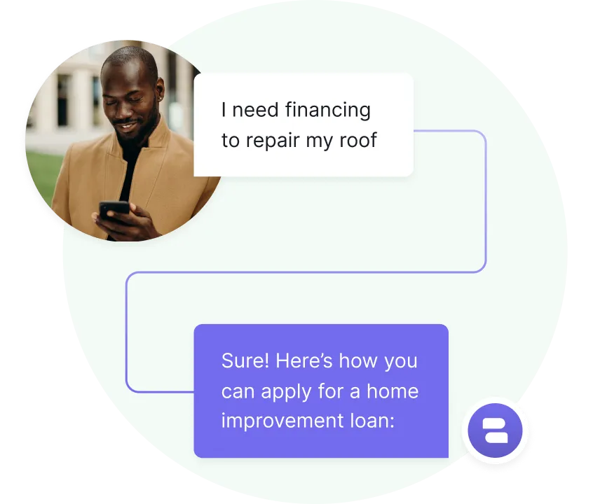 Homme souriant vêtu d'une veste beige regardant son téléphone avec des bulles de dialogue indiquant « J'ai besoin d'un financement pour réparer mon toit » et « Bien sûr ! Voici comment vous pouvez demander un prêt pour des travaux d'amélioration de votre logement : ».