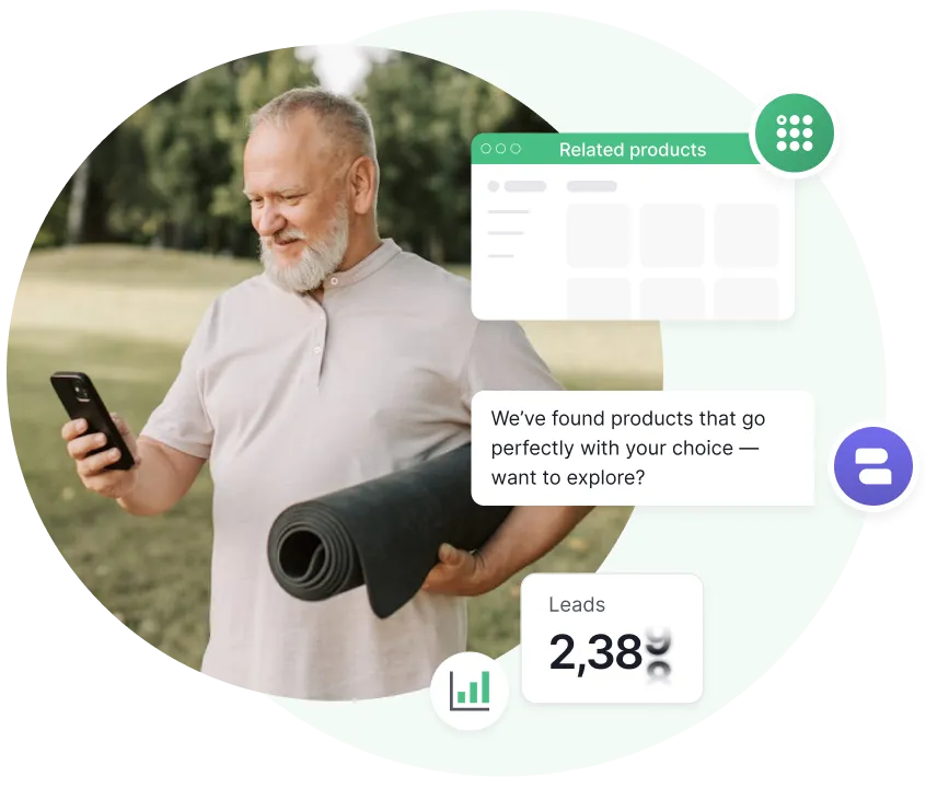 Un homme âgé souriant tenant un tapis de yoga dans un bras et regardant son smartphone à l'extérieur, avec des graphiques superposés montrant des produits connexes, une bulle de discussion disant « Nous avons trouvé des produits qui correspondent parfaitement à votre choix — souhaitez-vous les découvrir ? », et un nombre de prospects de 2 389.