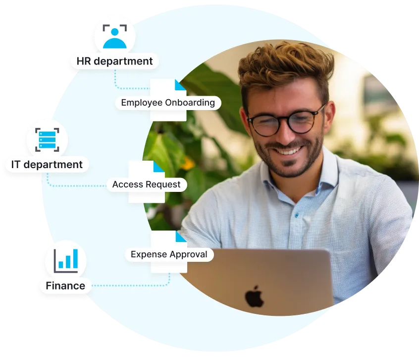 Hombre sonriente con gafas trabajando en un ordenador portátil, rodeado de iconos etiquetados de automatización de flujos de trabajo: departamento de RR. HH. con incorporación de empleados, departamento de TI con solicitud de acceso y departamento financiero con aprobación de gastos.