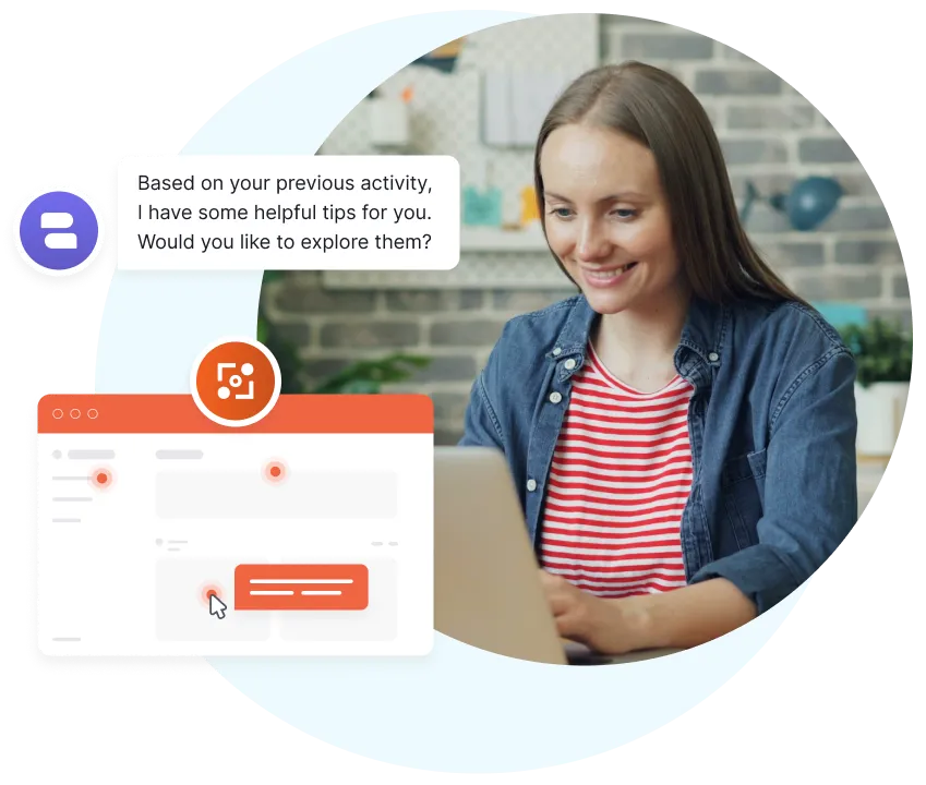 Mujer sonriente con una camiseta a rayas y una chaqueta vaquera trabajando en un ordenador portátil con bocadillos de chat e iconos de interfaz de usuario a su alrededor.