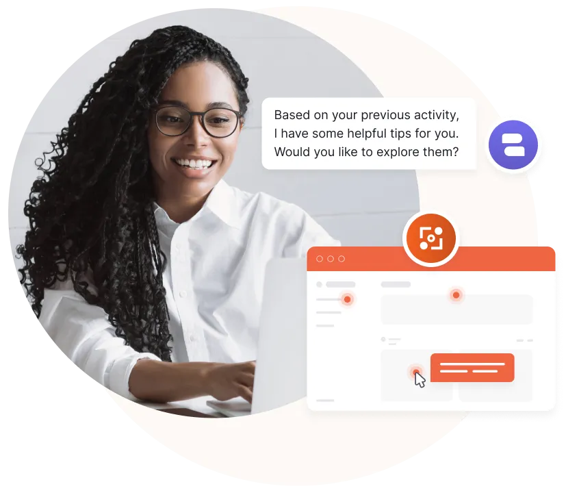 Femme souriante portant des lunettes et ayant de longs cheveux bouclés, assise devant un ordinateur portable, avec une bulle de dialogue indiquant « D'après votre activité précédente, j'ai quelques conseils utiles à vous donner. Souhaitez-vous les découvrir ? » à côté d'éléments d'interface graphique.