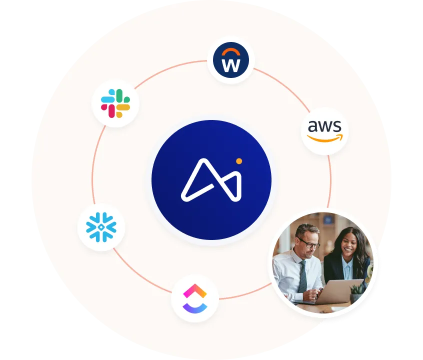 Logo central entouré des logos Slack, Workday, AWS, Snowflake et ClickUp, avec une image encastrée représentant un homme et une femme travaillant ensemble sur un ordinateur portable.