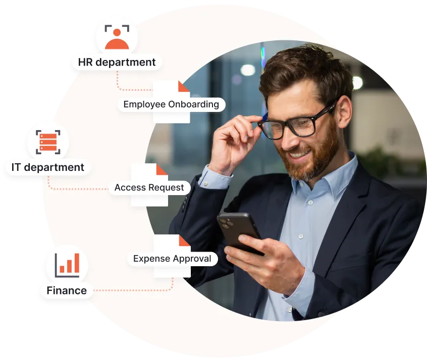 Homme en costume d'affaires regardant son smartphone avec des étiquettes d'automatisation des flux de travail pour les départements RH, informatique et finances, montrant l'intégration des employés, les demandes d'accès et l'approbation des dépenses.