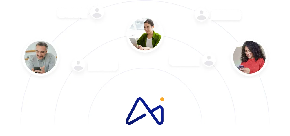 Trois personnes communiquant par voie numérique : un homme et une femme utilisant des smartphones et une femme tapant sur un ordinateur portable, reliés par des lignes circulaires avec un logo au centre.