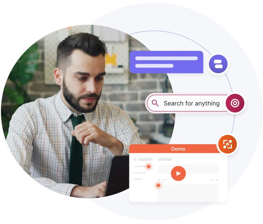 Homme en chemise à carreaux et cravate utilisant un ordinateur portable avec des icônes numériques pour la messagerie, la recherche et la démonstration superposées.