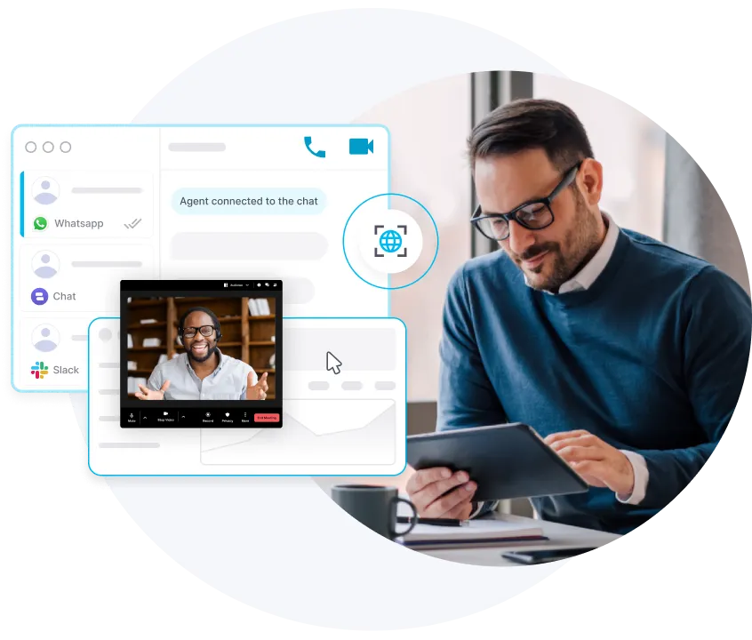 Homme utilisant une tablette avec des superpositions numériques affichant des applications de messagerie et une interface d'appel vidéo.