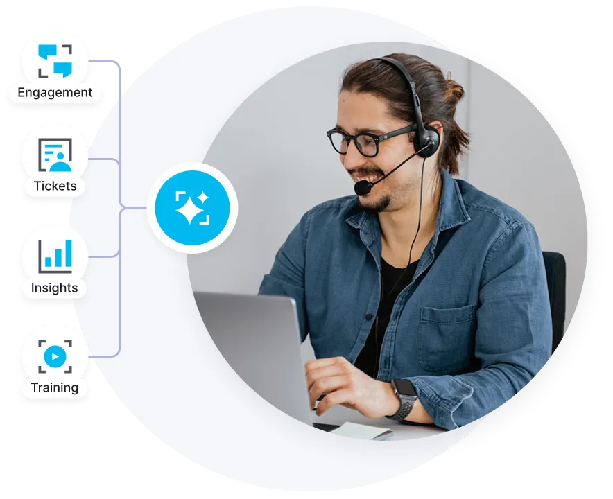 Homme portant des lunettes et un casque, travaillant sur un ordinateur portable, avec des icônes connectées représentant l'engagement, les tickets, les informations et la formation.