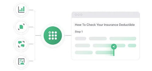 Illustration montrant quatre icônes de documents reliées à une icône centrale en forme de grille, à côté d'une fenêtre de navigateur avec le texte « Comment vérifier votre franchise d'assurance - Étape 1 ».