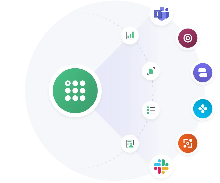 Icône verte centrale avec une grille de points blancs reliés par des lignes à diverses icônes plus petites, notamment Microsoft Teams, Slack et des symboles liés aux données, sur fond blanc.