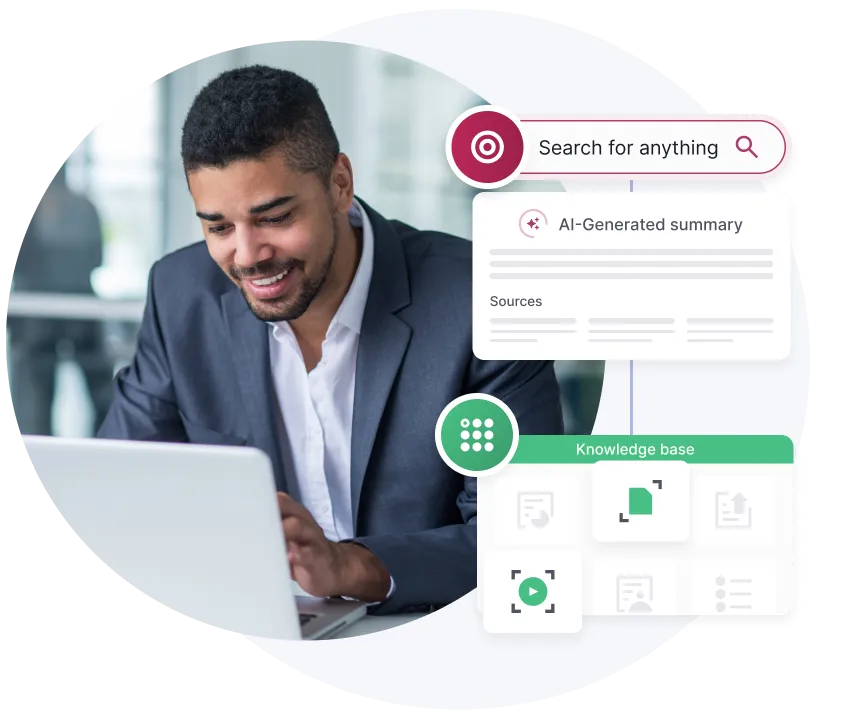 Smiling man in business attire working on a laptop with overlaid icons for search, AI-generated summary, and knowledge base.