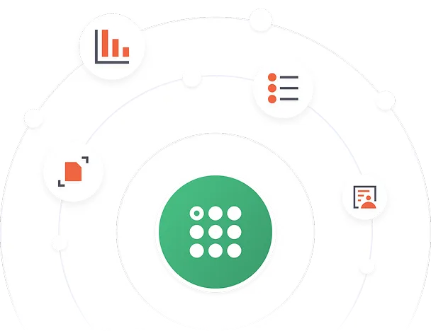 Green circle with nine white dots in a 3x3 grid surrounded by smaller white circles containing various orange and black icons representing charts, lists, and documents.