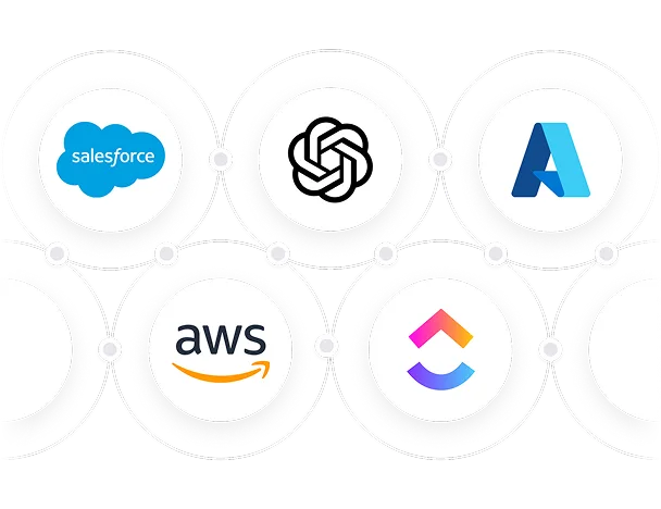 Connected circular icons showing logos of Salesforce, OpenAI, Microsoft Azure, AWS, and ClickUp.