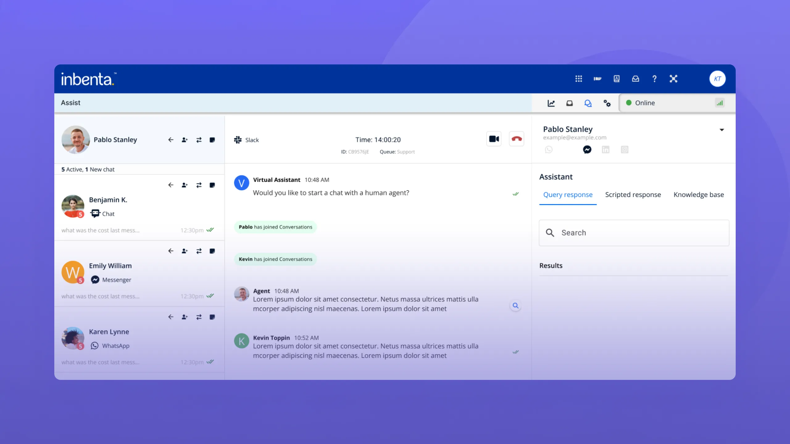 Interface de chat Inbenta affichant une conversation avec un assistant virtuel et un agent humain, comprenant une liste de chats à gauche et un panneau de recherche à droite.