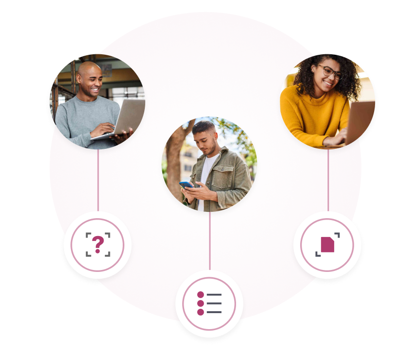 Three individuals using digital devices: a man smiling at a laptop, a man looking at his smartphone outdoors, and a woman typing on a laptop.