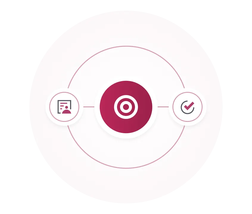 Graphic with three circular icons connected by lines: a profile with text on the left, a target symbol in the center, and a checkmark on the right.