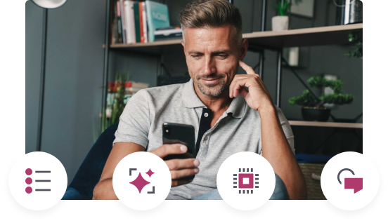 Man in a gray polo shirt sitting on a couch using a smartphone, with four circular app icons below him.