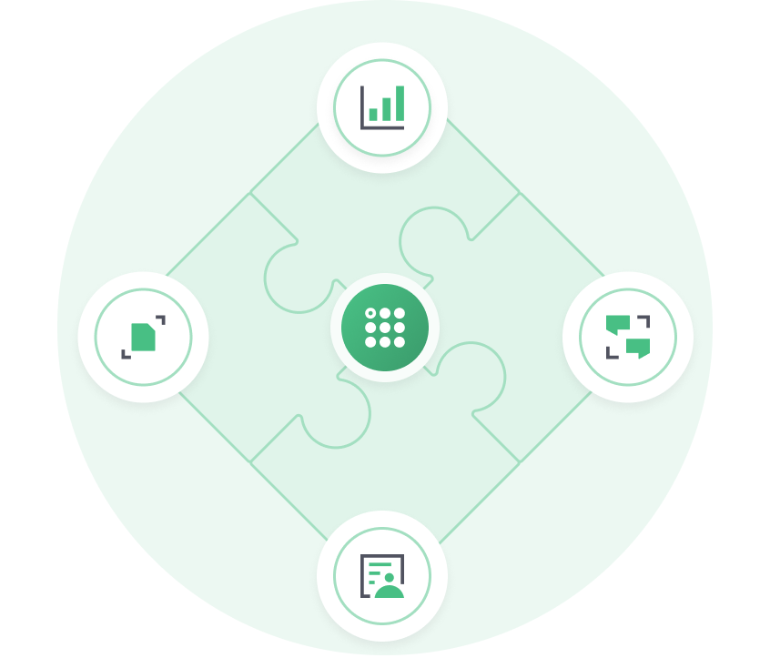 Cercle vert central avec neuf points reliés à quatre icônes environnantes représentant des symboles de graphique, de bulles de discussion, de document et d'agrandissement sur un fond en forme de pièce de puzzle.