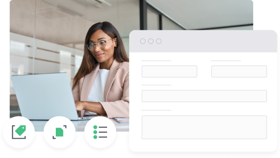 Femme portant des lunettes et un blazer beige travaillant sur un ordinateur portable dans un bureau moderne, avec une illustration superposée représentant une interface de saisie de formulaire.