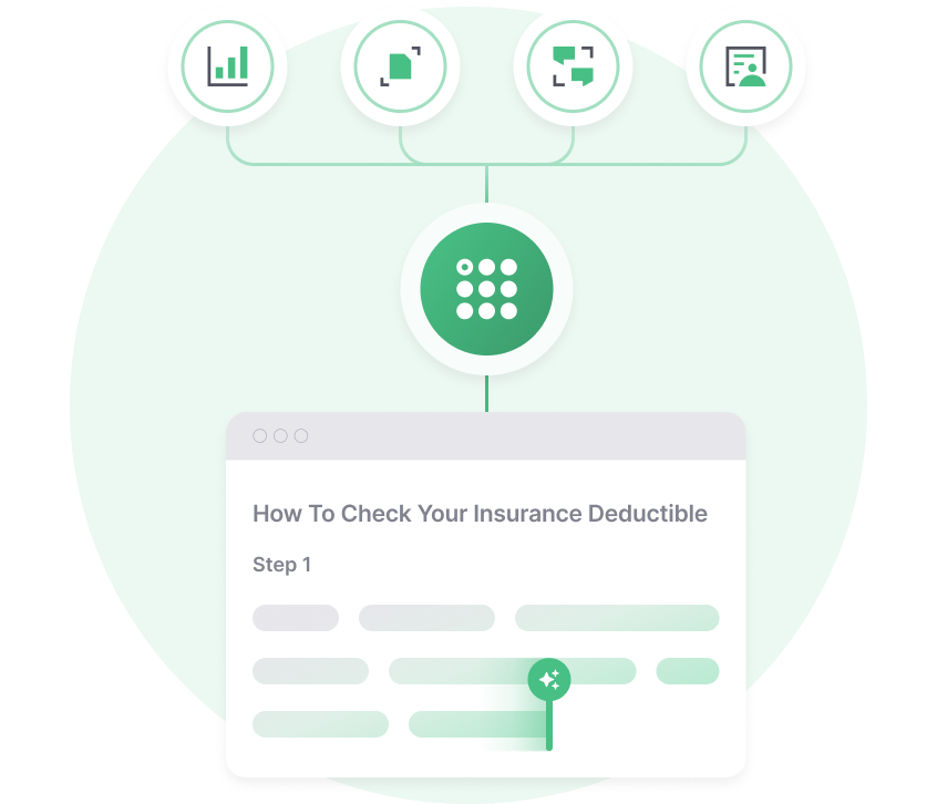 Illustration représentant un guide numérique intitulé « Comment vérifier votre franchise d'assurance » avec, au-dessus, des icônes représentant les fonctionnalités d'analyse, de numérisation de documents, de chat et de profil utilisateur reliées à une icône centrale en forme de grille.