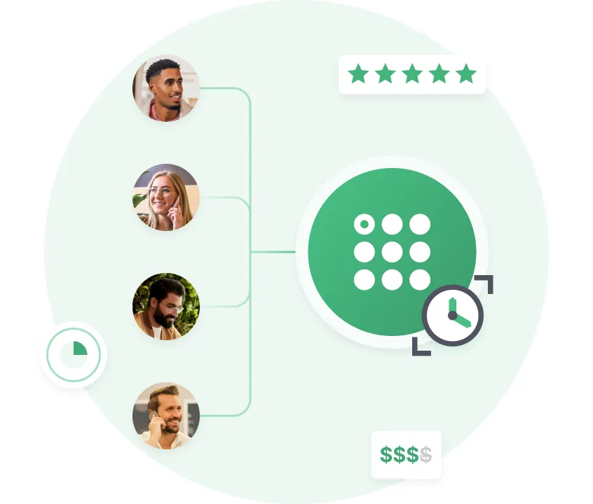 Illustration représentant quatre personnes reliées par des lignes à un carré vert comportant une matrice de points 3x3 et une icône en forme d'horloge, entouré d'icônes représentant un graphique circulaire, cinq étoiles et trois signes dollar.