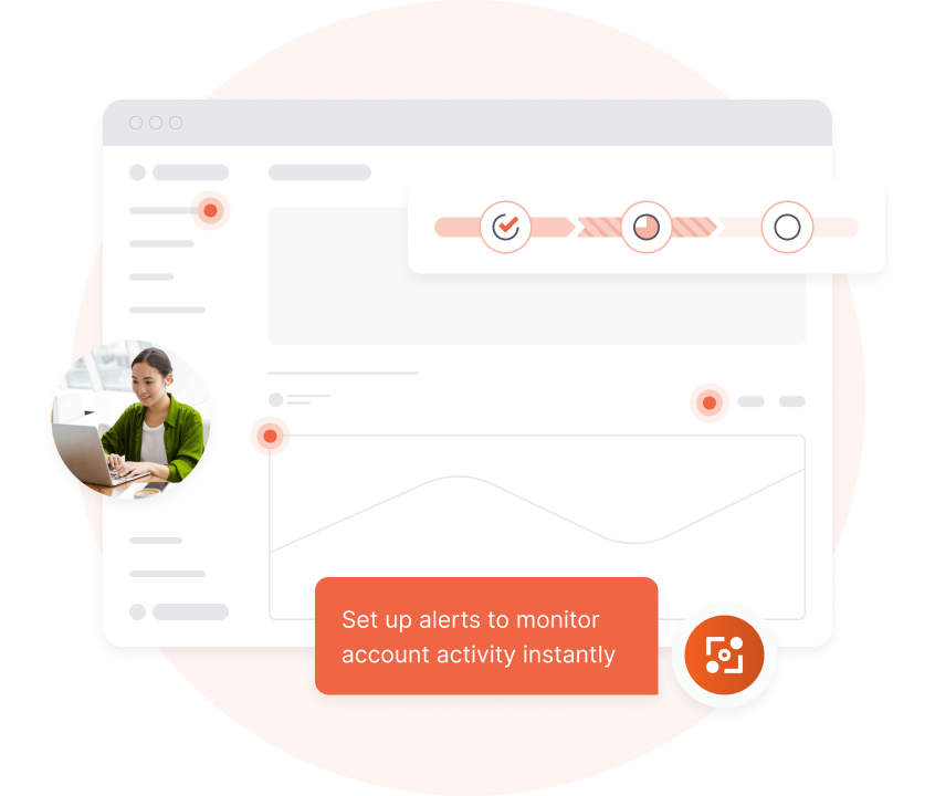 Interface do usuário mostrando um rastreador de progresso e um gráfico com uma mensagem pop-up que diz “Configure alertas para monitorar a atividade da conta instantaneamente”, ao lado de uma mulher usando um laptop.