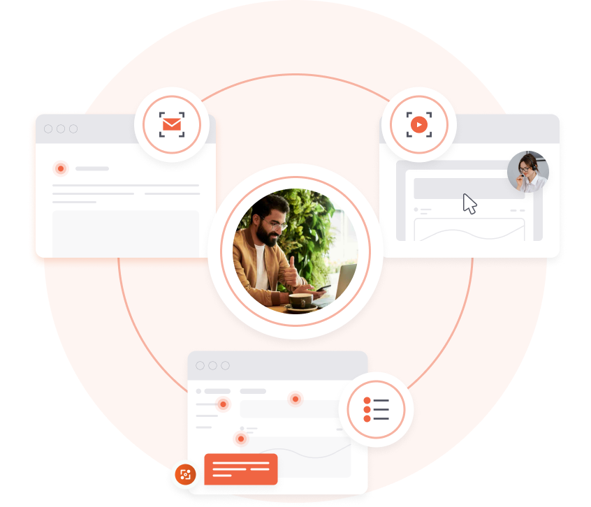 Diagrama mostrando um homem com um laptop no centro, rodeado por três janelas que representam e-mail, reprodução de vídeo e uma interface de lista de tarefas.