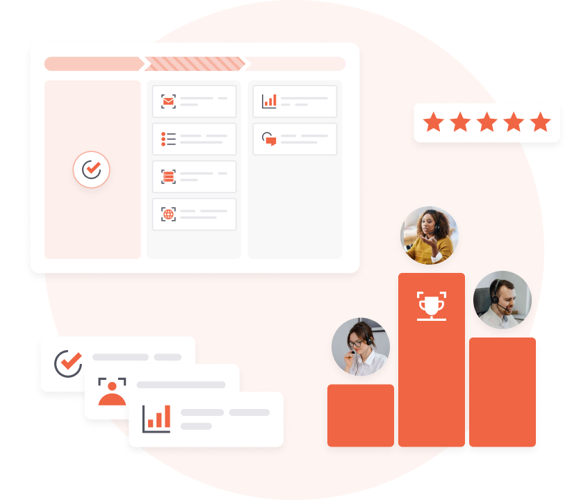 Interface digital exibindo listas de tarefas, ícones analíticos, uma classificação de 5 estrelas e um gráfico de barras apresentando três representantes de atendimento ao cliente, um deles destacado como vencedor.