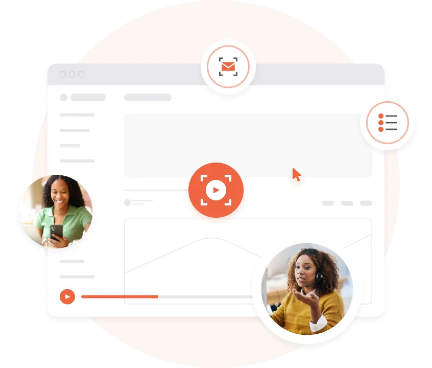 Interface do usuário com botão de reprodução de vídeo e ícones, mostrando fotos inseridas de duas mulheres usando um smartphone e fones de ouvido.