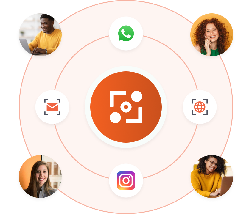 Gráfico com ícone laranja central rodeado por ícones do WhatsApp, e-mail, web e Instagram, com fotos de várias pessoas sorridentes ao redor do círculo.