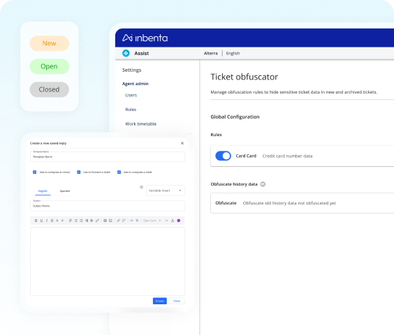 Interfaz del software Inbenta que muestra la configuración del ocultador de tickets con opciones para gestionar reglas para ocultar datos confidenciales de los tickets y una ventana para crear una nueva respuesta guardada con plantilla y campos de asunto.