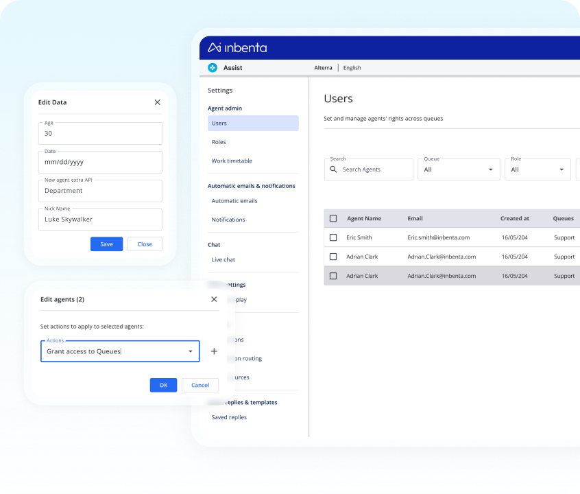 Interfaz de gestión de usuarios de Inbenta que muestra la configuración para la administración de agentes, la lista de usuarios con búsqueda y filtros, y ventanas emergentes para editar datos y conceder acceso a la cola.