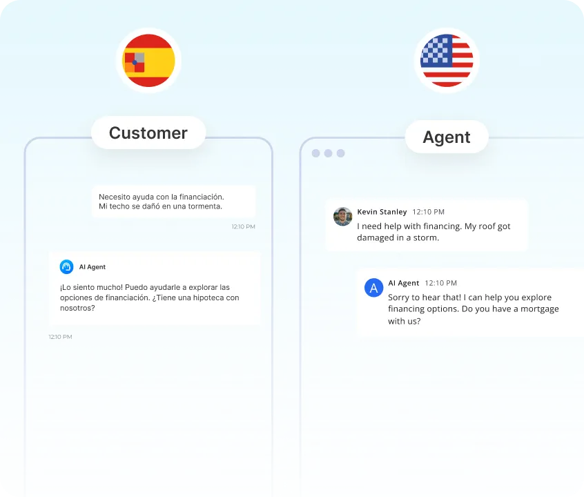 Conversación de chat en paralelo en la que un cliente habla en español sobre daños en el techo y un agente de IA responde con ayuda financiera, junto con la traducción al inglés por parte del agente.