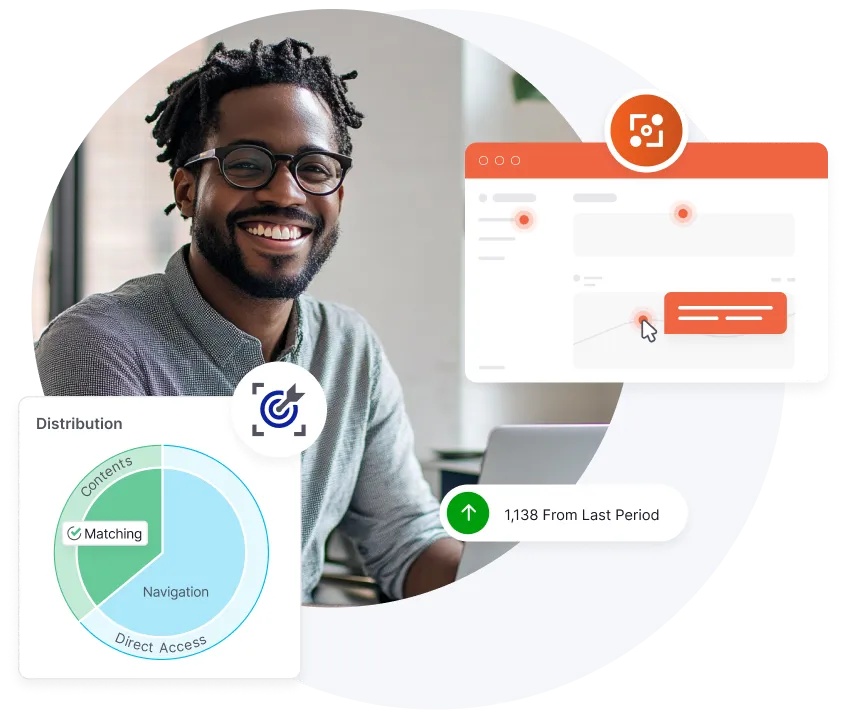 Homem sorridente com óculos sentado em uma mesa com um laptop, ao lado de gráficos sobrepostos mostrando um gráfico de pizza de distribuição, uma interface de site com interação destacada e uma notificação de tendência ascendente.